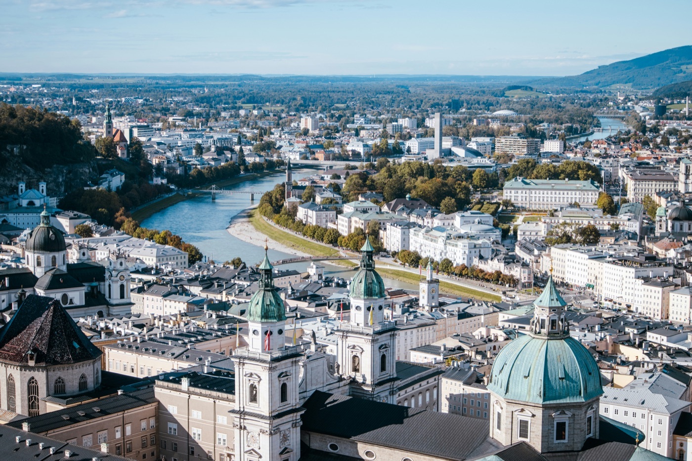 View over Salzburg’s domes and church towers along the Salzach river